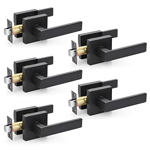 E-Home Hardware Heavy Duty Door Lever Door Lock Sets Matte Black Finish Passage Keyless Door Knobs for Hallway/Closet Interior Doors Universal Handing 5 Pack