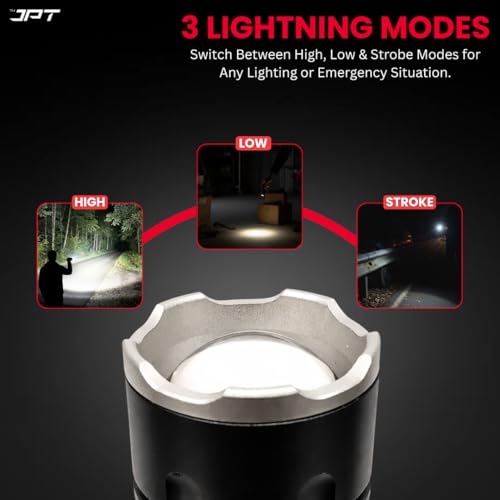 Image of JPT Heavy-Duty K16 Rechargable Portable Super LED Flashlight /Search Light | Full Aluminium Body | 3 Lightning Modes | Telescopic Zoom | 4800mAh Li-ion 4Hrs Backup | for Trekking, Camping, Emergency