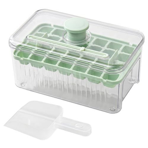 Ice Cube Tray with Storage Bin 28-grid Stackable Ice Tray Press-to-release Freezer with Leak-proof Lid and Shovel Light Green..