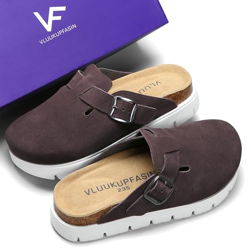 Image of Women's Suede Platform Clogs Leather Mules Slip On Indoor Outdoor Shoes | Arch Support, Cork Footbed, Adjustable Buckle,Water Resistant Upper,All Day Comfort