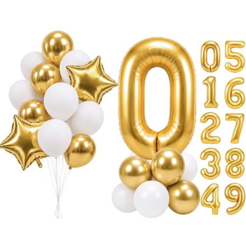 Image of PartyWoo Metallic Gold Number 0 Balloon 40 Inch 25pcs Gold Foil Star White