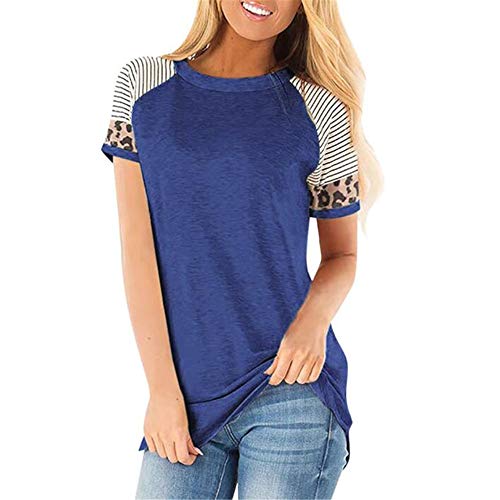 Preisvergleich Produktbild FrüHling Und Sommer Damen Rundhalsausschnitt Lose Gestreifte Leoparden NäHen Kurzarm T-Shirt