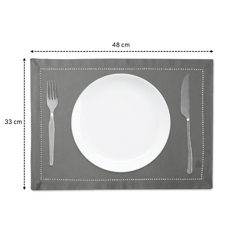 Image of Encasa Homes 100% Pure Cotton Hemstitched Dining Table Placemats of Size 48x33 cm (Rectangular) - Grey - Set of 4 | Perfect for Party, Home, Cafes, Restaurant & Hotels - Machine Washable