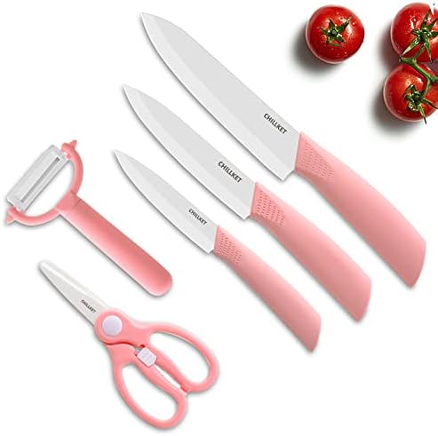 CHILLKET Ceramic Knife Set with Covers, Ceramic Knives for Baby Food, 5-Piece Set - Scissor, 6 inch Chef Knife, 5 inch Utility Knife, 4 inch Paring Knife and Peeler, in a Gift Box