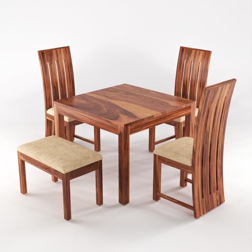 Image of Solid Sheesham Wood Dining Room Sets 4 Seater Dining Table with 3 Chairs & 1 Bench for Dining Room, Living Room, Kitchen, Hotel, Restaurant, Cafeteria (Zinor, Honey Finish)