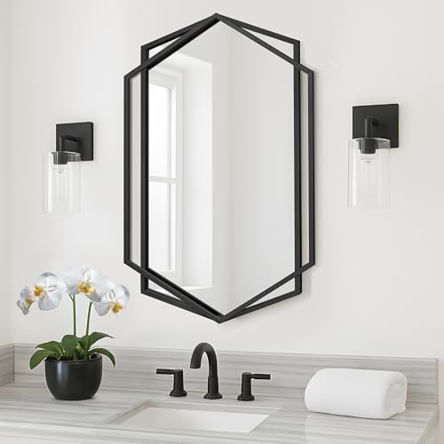 Pocetry 24'x36' Hexagon Bathroom Wall Mirror, Overlapping Black Metal Frame, Decorative Geometric Mirror for Entryway, Living Room, Dining Room