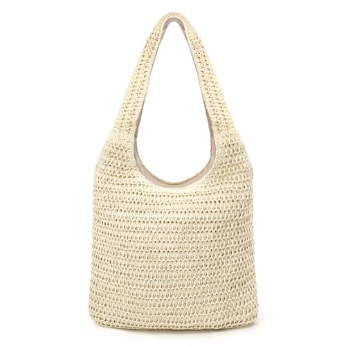 beifon Strandtasche Damen Sommer Boho Gestrickte Tasche Beach Bag Netz Strandbeutel Häkeltasche Mesh Gehäkelt Handtasche Tote Bag Netztasche Umhängetasche Sommertaschen für Reisen Alltag (khaki B)