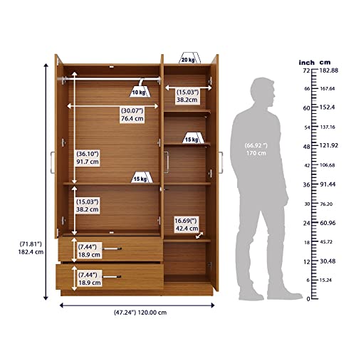 Image of Wakefit Wardrobe | 1 Year Warranty | Engineered Wood Almirah, Cupboard for Clothes Storage | 3 Door, 1 Drawer, 1 Hanging Space | Organza Plus - Natural Teak