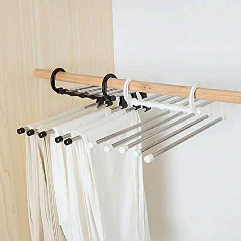 2 Pack Multi Functional Pant Hanger, 5 Layered Adjustable Multifunctional Pants Rack Space Saving Closet Pants Organizer Non-Slip Slack/Trousers Pants Hangers for Skirt Scarf Trousers(White & Black) Cover