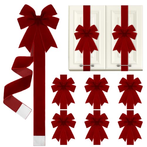 Daifunli 6 Pcs Burgundy Velvet Christmas Cabinet Ribbons Bows for Kitchen 78.7 Inch Large Christmas Door Ribbon Cabinet Bows for Gifts Xmas Tree Home Wall Furniture Party Decorations