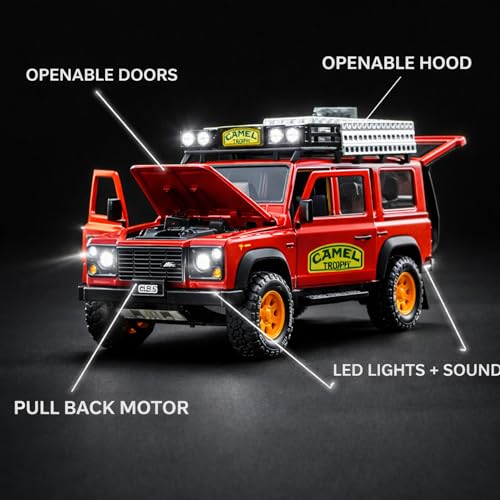 Image of Land Rover Defender 110 1:24 Scale Die-Cast Car Model - Camel Trophy Expedition Livery Sound Light Openable Hood Roof Rack Pull-Back Alloy Off-Road SUV