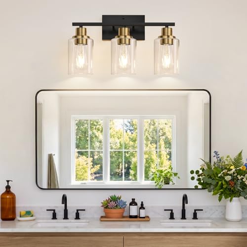 Image of Indoi 3-Light Bathroom Light Fixtures, Black and Gold Modern Vanity Lights with Clear Glass Shades, Bathroom Wall Lamp for Mirror Living Room Cabinet Bedroom Porch