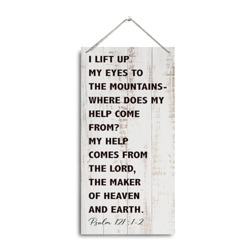 Christian Decor Sign, I Life Up My Eyes to the Mountains Sign, Psalm 121:1-2 Sign, Bible Verse Sign, Christian Home Décor, Rustic Hanging Wooden Plaques Sign, Farmhouse Home Decor, 11.8 * 5.9 Inch