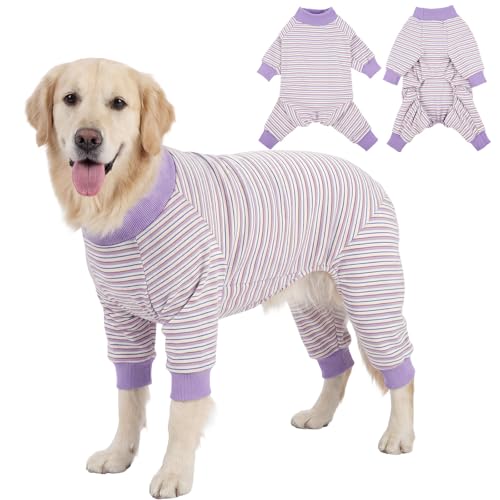 IECOii Soft Dog Pajamas for Large Breeds, Long Sleeve & 4-Legs Dogs Pjs Warm Pet Sleepwear for Cool to Cold Weather, Stretchable Striped Anti-Shedding