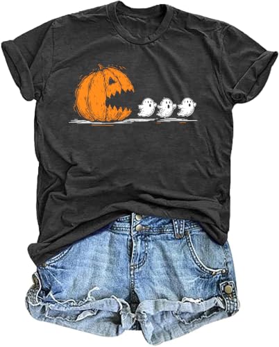Image of Halloween Shirts for Women: Pumpkin Ghost Graphic Tee Shirts Funny Holiday Short Sleeve Tops