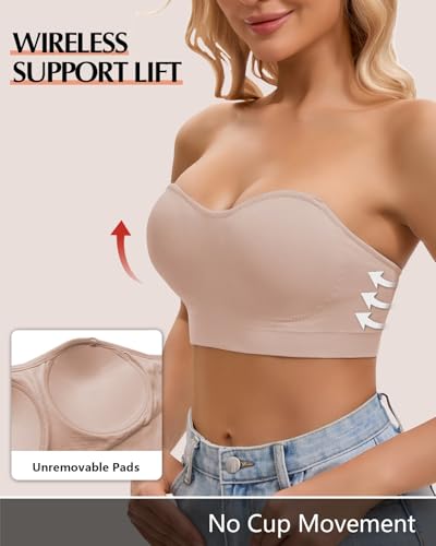Image of Strapless Bra for Women Bandeau Bras Seamless Wireless Padded Tube Top T Shirt Bra