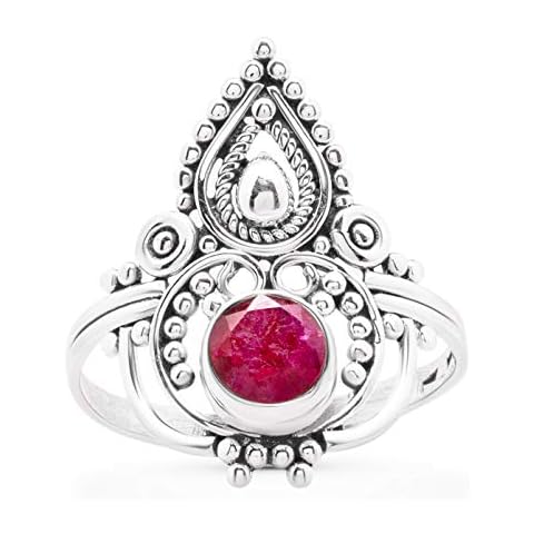 Koral Jewelry Round Created Ruby Ethnic Ring 925 Sterling Silver Vintage Tribal Gipsy Boho Look, Metal, Ruby Cover