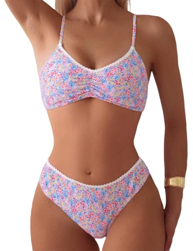 YIMISAN Two Piece Bikini Set for Women Floral Print Lace Trim Push Up Swimsuit Cheeky Bathing Suit