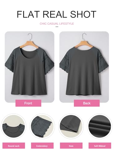 Image of EVALESS Womens Summer Tops Dressy Casual Spring Ribbed Texture Embroidery Short Sleeve Crewneck T Shirts