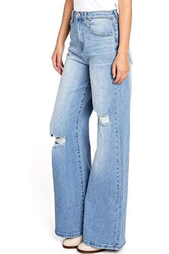 Women's Juniors High Rise Super Wide Leg Flare Jeans (11, Light Denim)4