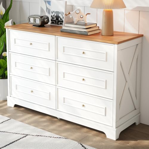 vutizal Cassettiera rustica 120 cm con 6 cassetti, credenza bianca effetto legno con manici dorati, mobili per camera da letto