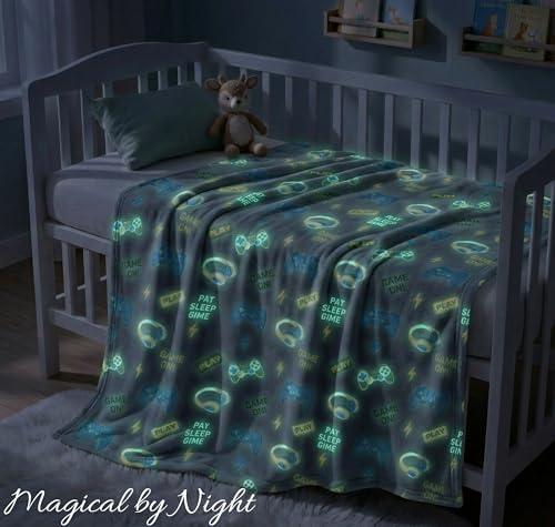 Image of BSB HOME Glow in The Dark Kids Blanket, Soft Flannel Fleece Luminous Blanket for Boys & Girls, Cozy Lightweight Kids Throw for Bed - 30 x 40 in (76 x 102 cm) (Game On Theme - Light Grey)