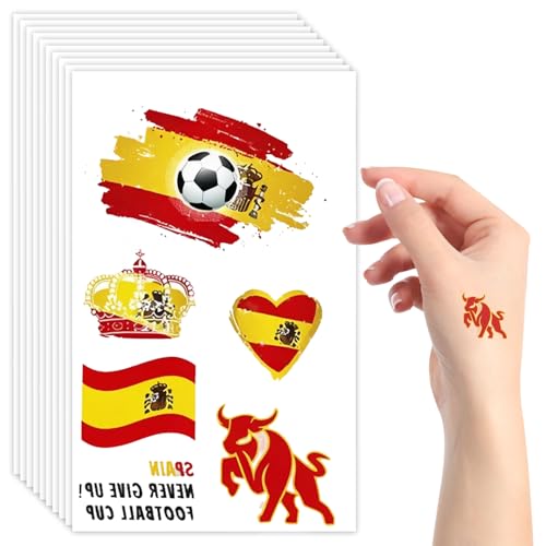 BDEPSTR 10 Hojas Tatuajes Temporales Bandera de España, Pegatinas de Fútbol Impermeables para Cara y Cuerpo, Accesorios de Animación para y Eventos Deportivos, 120x75mm