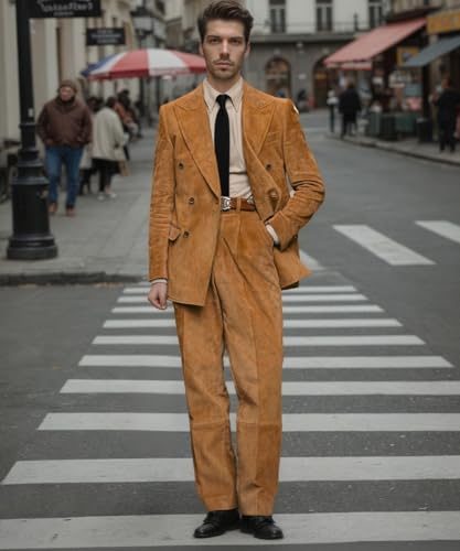 2 Piece Suede Suits for Men Slim Fit Business Suit Set Men's Double Breasted Retro Blazers Pants for Wedding Prom Party2