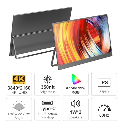 Image of 15.6'' 4K Travel Monitor,UHD Laptop Screen Extender | 4K UHD 3480x2160 resolution, 350nits brightness, HDR support USB-C connected, dual speakers ,9.1mm thin, 26.5oz