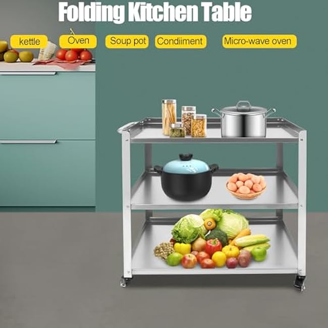 Stainless Steel Table with Wheels, 3-Tier Rolling Cart, Stainless Steel Kitchen Trolley Cart | 300lbs Load Capacity | 4 Universal Wheels | Silver | 31X16X34in-ITUbh1Mh