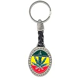  Llavero Cuero trenzado Bandera Rasta con hoja de Marihuana en Zamak Cromado y esmaltado