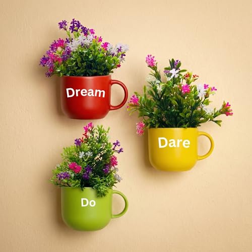 Image of Dekorly Wall Hanging Mug Planters with Artificial Flowers (20CM) - Decorative Hanging Cups, Colorful Floral Wall Decor for Living Room Bedroom Balcony Office Gift Set (3, Dream Dare Do)