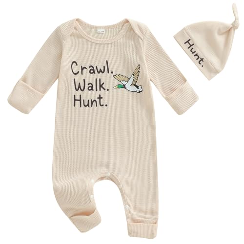 Image of SAYOO Infant Baby Boy Girl Mallard Duck Romper Jumpsuit Green Duck Embroidery One Piece Waffle Overalls Hunting Baby Clothes