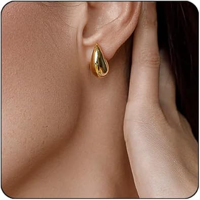 Small Teardrop Gold Chunky Earrings for Women,Thick Gold Plated Hoop Hypoallergenic Water Drop Earring Dupes for Women 18MM