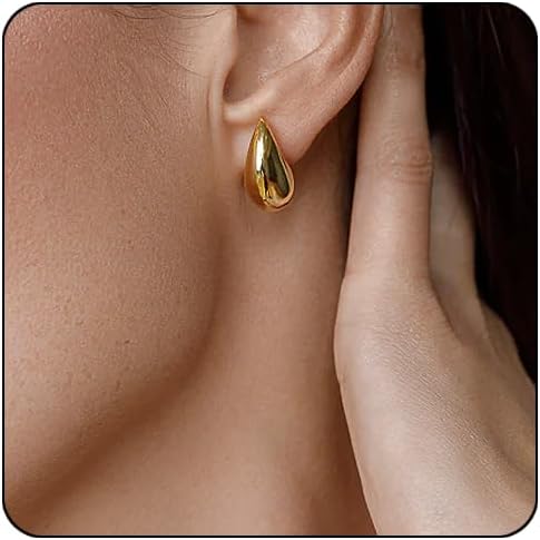 Small Teardrop Gold Chunky Earrings for Women,Thick Gold Plated Hoop Hypoallergenic Water Drop Earring Dupes for Women 18MM
