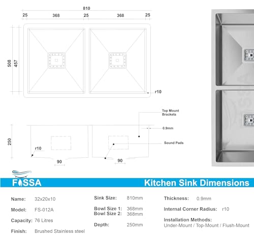 Image of Fossa 32 inchx20 inchx10 inch 5-Year Warranty Premium Double Bowl Stainless Steel Handmade Kitchen Sink | Sink with Waste Coupling & PVC Waste Pipe - Silver (Matte Finish)