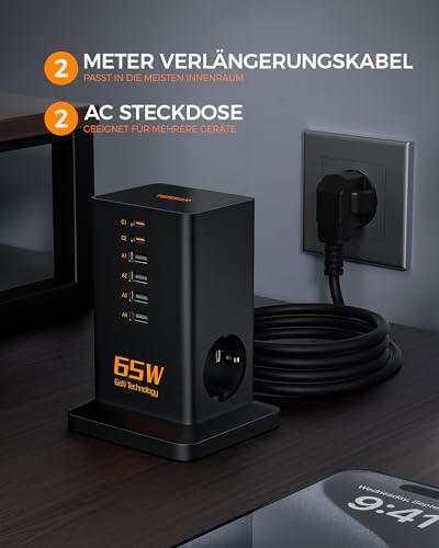 TESSAN Wielokrotna ładowarka PD 65W USB C, szybka ładowarka GaN z 6 portami i 2 wtyczkami AC, stacja ładująca USB z kablem 2M do telefonu i podkładki, adapter na biurko, stacja ładująca