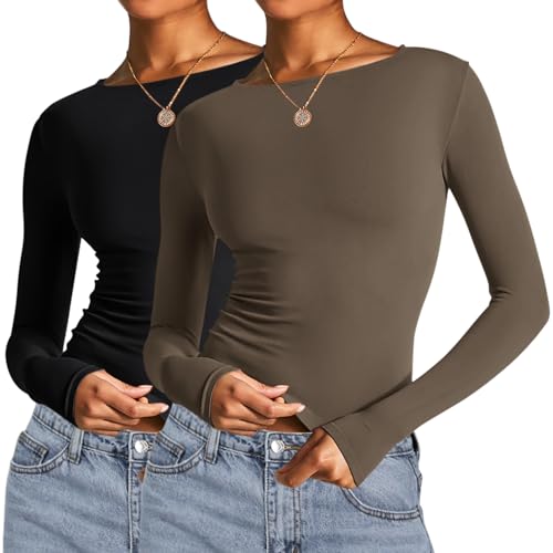 Image of AKEWEI Long Sleeve Crop Tops for Women 2 Pack Fall Going Out Outfits Cute Tight Basic Tees Shirt