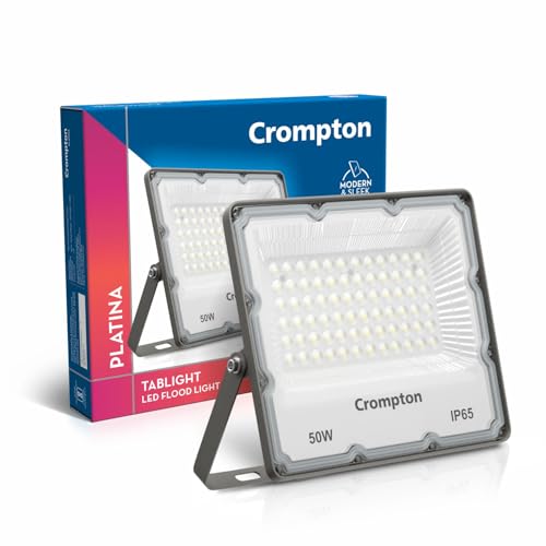 Crompton TabLight | Outdoor Waterproof LED Flood Lights | 50W | IP 65 | Cool White | Pack of 1 | Wide Beam Angle | BIS Approved | for Garage, Parking, Shops & Outdoor Lighting (2 Years Waranty)