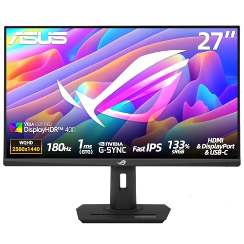 Image of ASUS ROG Strix 27 inch Gaming Monitor, QHD (2560x1440), Fast IPS, 180Hz,1ms, 133% sRGB, NVIDIA G-Sync, HDR400, ELMB Sync, Flicker-Free, VESA Mountable, USB-C, 1xDisplayPort 1.4, 1xHDMI 2.0, Tripod Socket