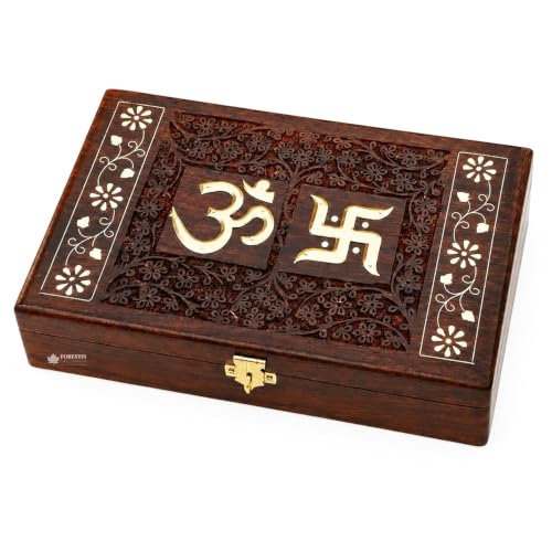 Image of Exquisitely Hand Brass-Filled Wooden OM Box for Good Luck| Jewellery Box (11X7 Inches, Dome)