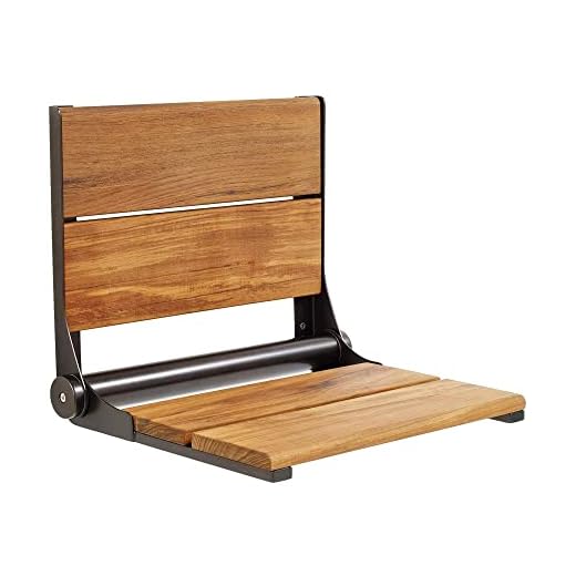 Teak Shower Seat - Type 304 Stainless Steel/Contoured 1" Natural Wood Slats/ADA Folding Wall Mount Bench/Oil Rubbed Bronze / 26" x 16"