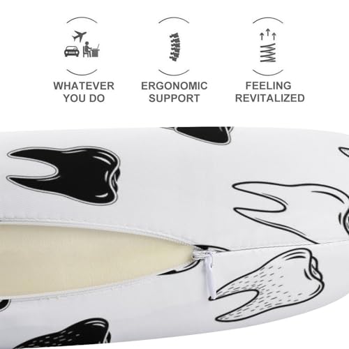 Image of Pain Relief Travel Neck Pillow Dentistry Teeth Pattern White, Memory Foam U Shaped Support, Breathable Zip Cover for Airplane Car Office Men Women