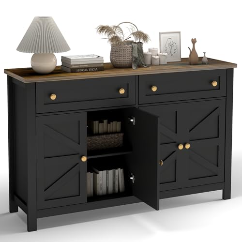 DUIMIMI 140cm Black Modern Sideboard Buffet Cabinet - 2 Drawers 4 Doors Large Storage Cabinet for Home Office File Entryway Media Equipment Coffee Bar Dining Living Room