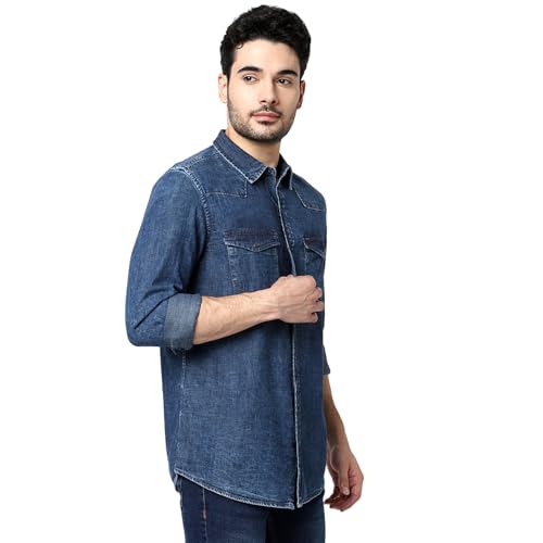 Image of Spykar Men's Regular Fit Raised Collar Full Sleeve Solid Casual Shirts