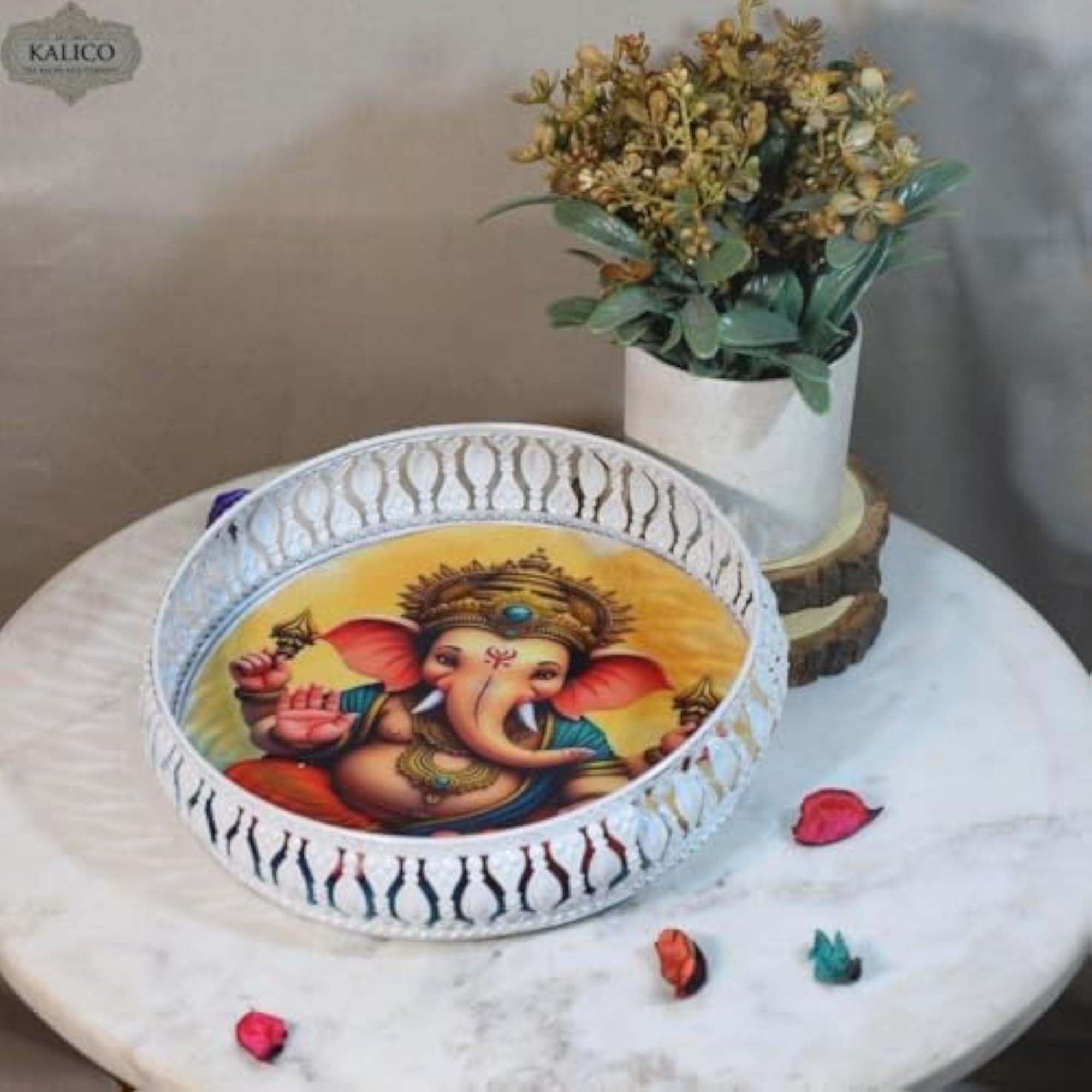 Ganesha Decorative Basket, White Metal, Round Shape