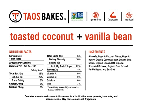 Taos Bakes Snack Bars - Toasted Coconut + Vanilla Bean - Gluten-Free, Non-Gmo Granola Bars - Healthy & Delicious Baked Bars - (12 Pack, 1.8Oz Bars) #TOP1