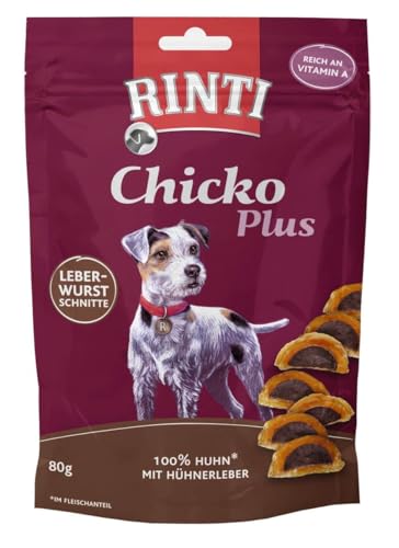 RINTI - Chicko Plus Leberwurstschnitten | Hühnerbrustfilet mit Hühnerleber für ausgewachsene Hunde zur Unterstützung der Zellgesundheit. Hundesnack ohne Zusatzstoffe im Frischebeutel | 12x80g