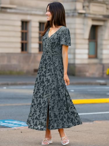 Image of Simplee Women's Velvet Maxi Dress V Neck Short Sleeve Empire Waist Semi Formal Long Cocktail Dresses