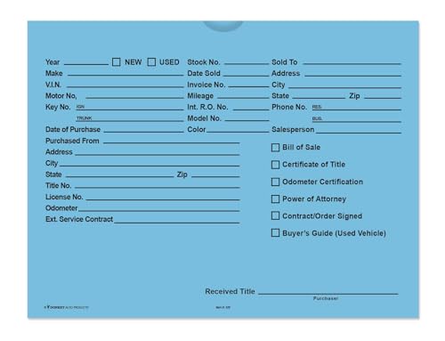 Printed Vehicle Deal Envelopes 9x12 Deal Jackets (100 shrink wrapped) (Blue) by Donkey Auto Products